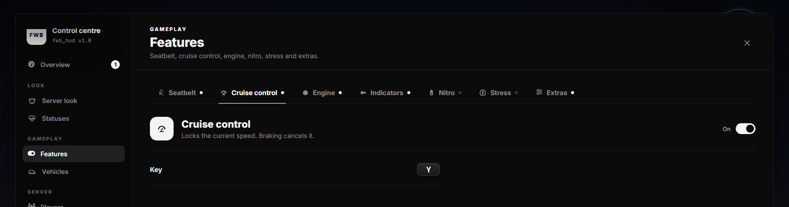 FWB HUD Features page with the Cruise control tab open and its On/Off toggle at the top right