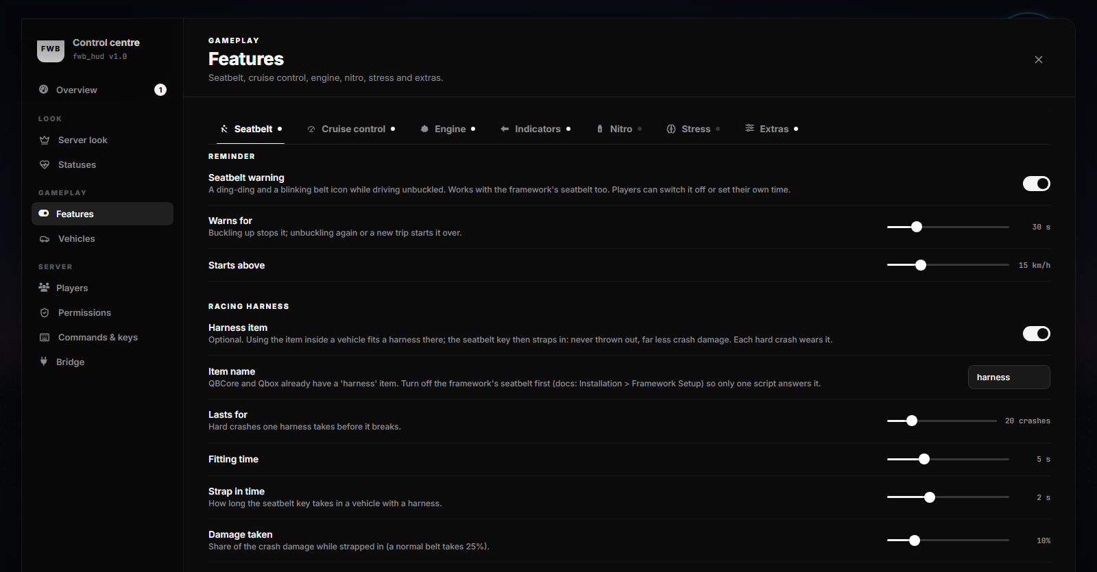 FWB HUD Features page, Seatbelt tab scrolled to the Racing harness section: item switch, item name, crashes it lasts, fitting time, strap in time and damage taken