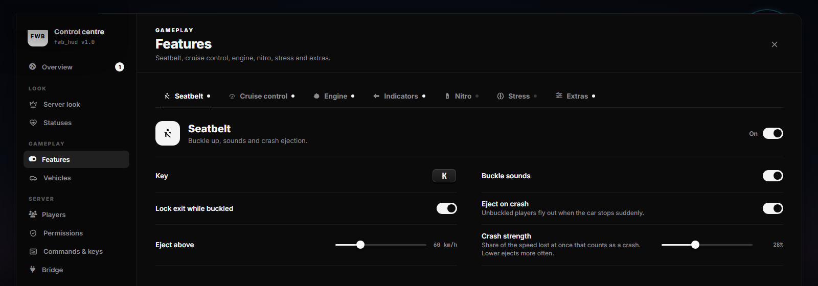 FWB HUD Features page with the Seatbelt tab open and its On/Off toggle at the top right
